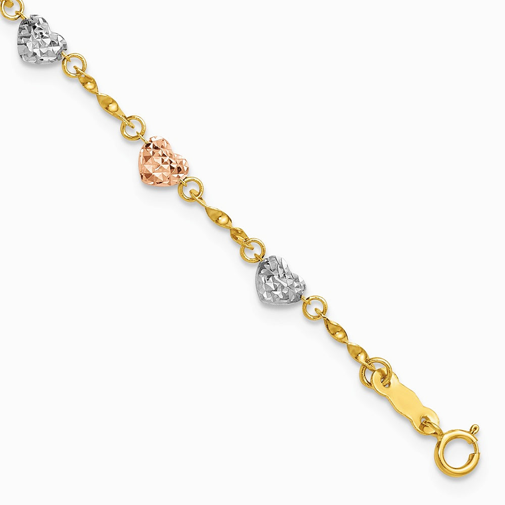 14K Tri-color Puff Heart Bracelet
