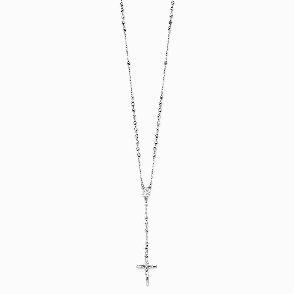 14K White Gold 3mm Mirror Beaded Rosary 24 inch Necklace - Product Photo