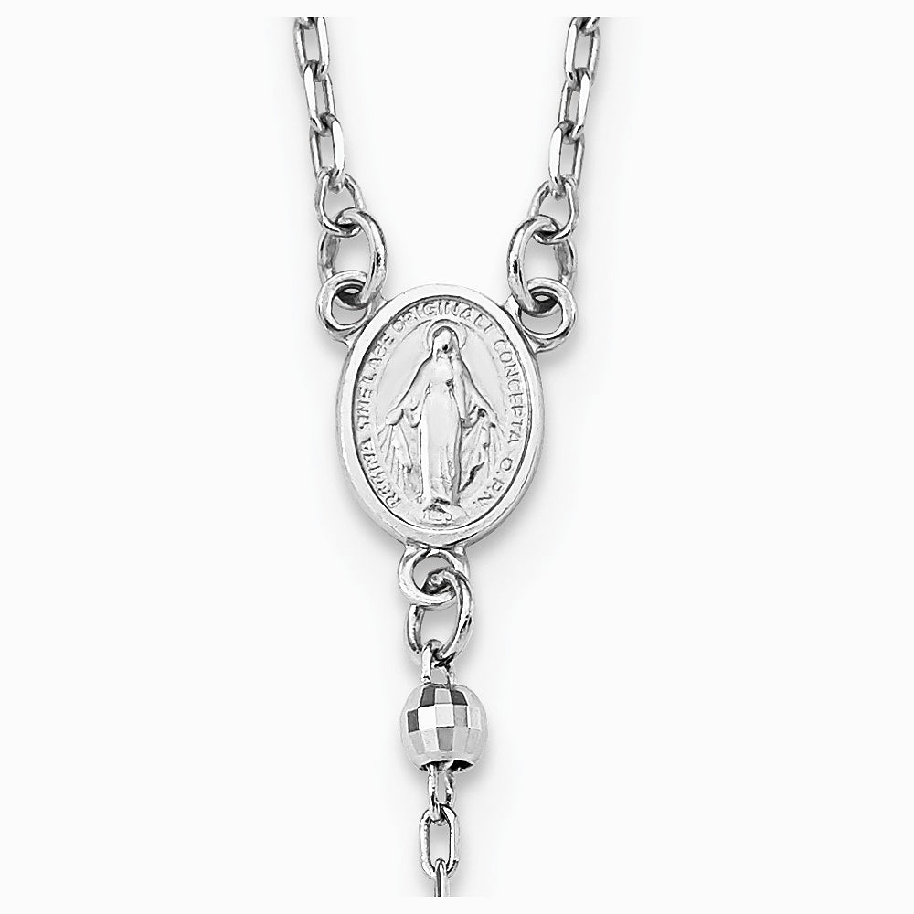14K White Gold 3mm Mirror Beaded Rosary 24 inch Necklace - Product Photo