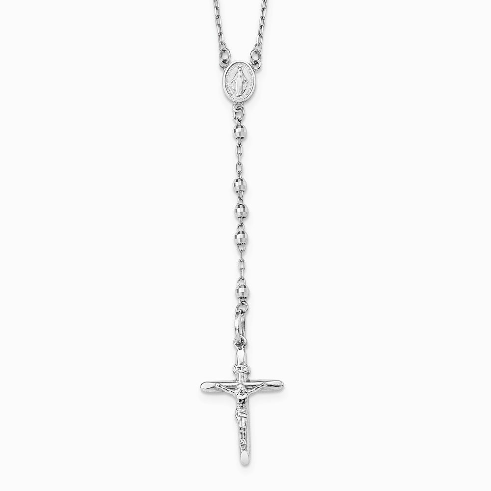 14K White Gold 3mm Mirror Beaded Rosary 24 inch Necklace - Product Photo