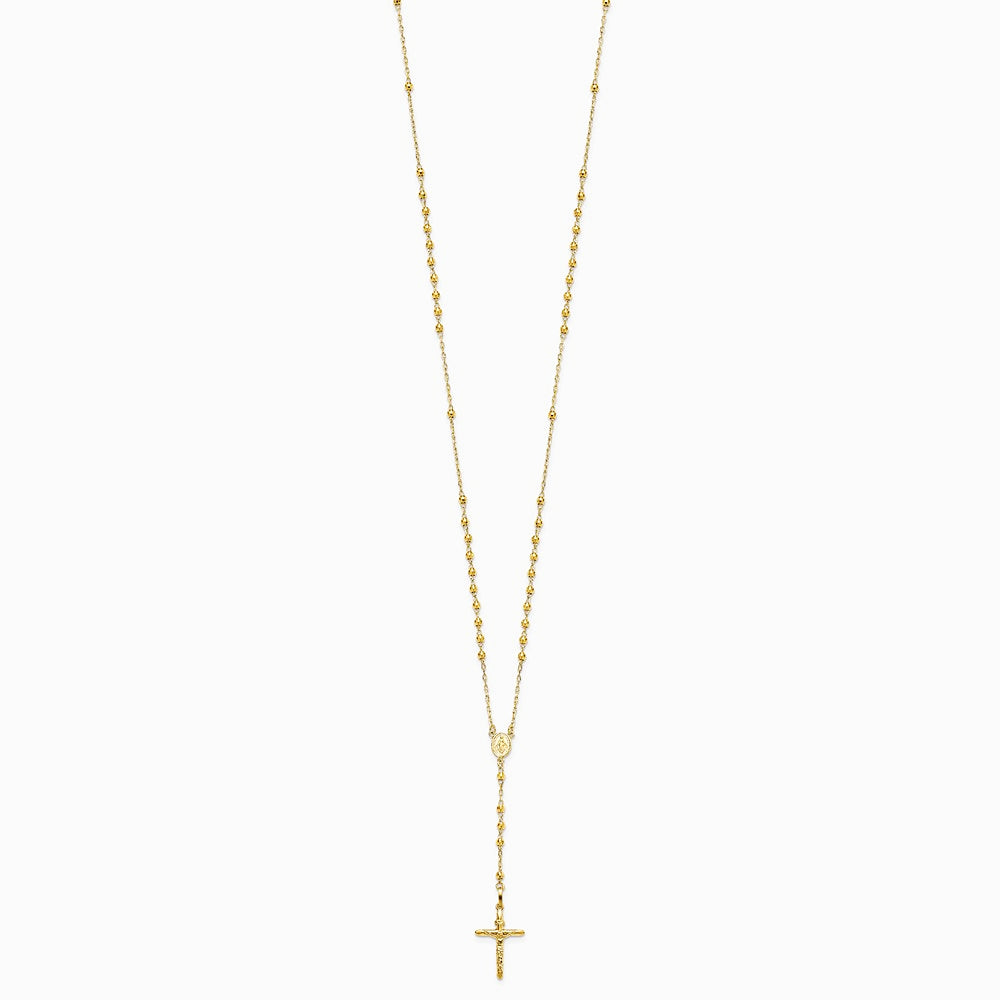 14K Yellow Gold 3mm Mirror Beaded Semi-solid Rosary Necklace - Product Photo