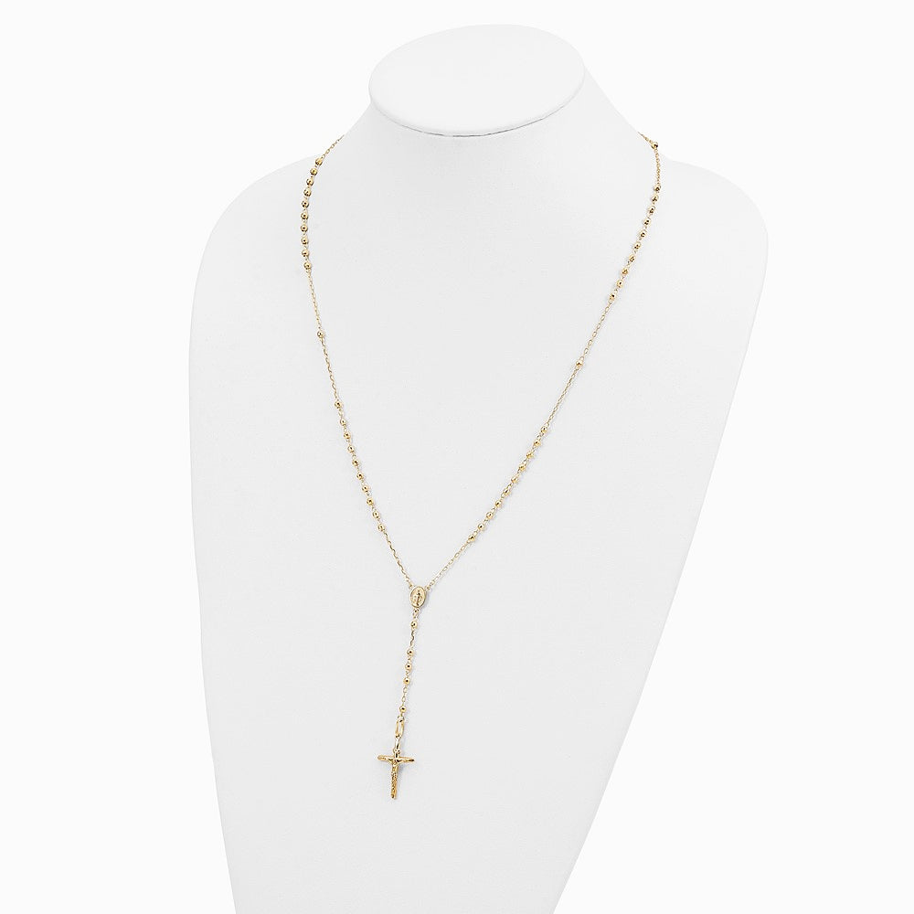 14K Yellow Gold 3mm Mirror Beaded Semi-solid Rosary Necklace - Product Photo