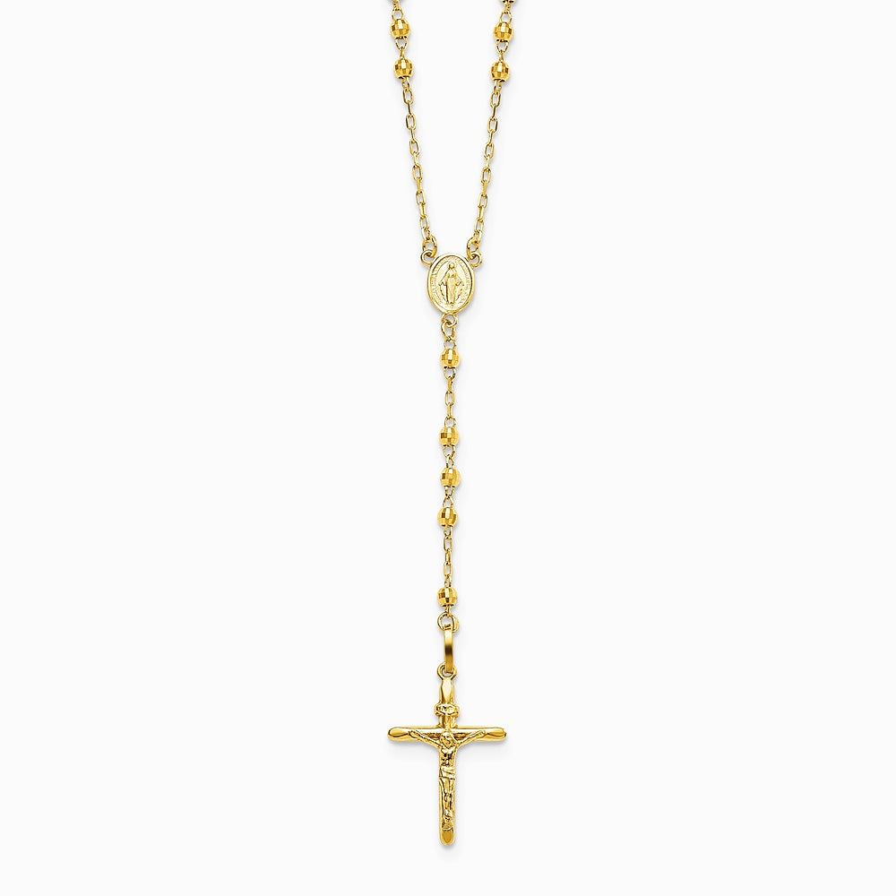 14K Yellow Gold 3mm Mirror Beaded Semi-solid Rosary Necklace - Product Photo
