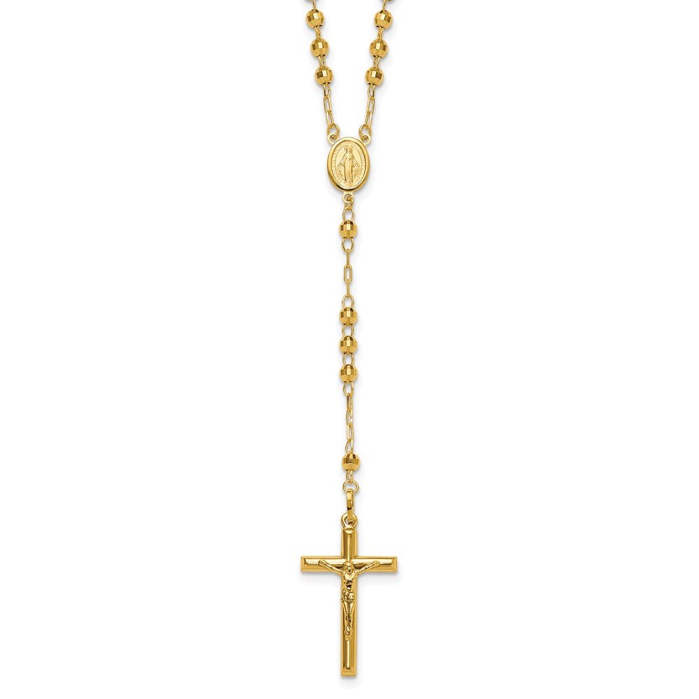 14K Yellow Gold 4mm Mirror Beaded Semi-solid Rosary 24 inch Necklace
