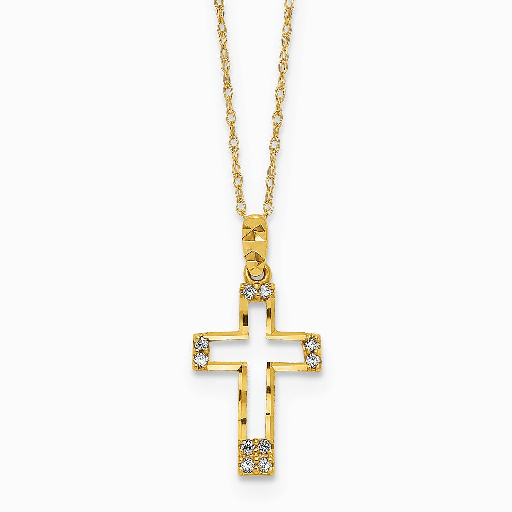 14K Yellow Gold Polished CZ Cross Pendant Necklace
