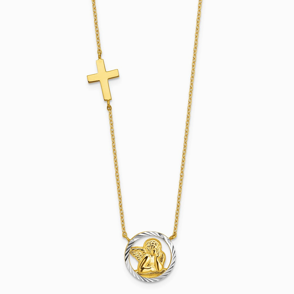 14K Yellow & Rhodium Rhodium-plated Diamond-Cut Angel & Cross Necklace - Product Photo