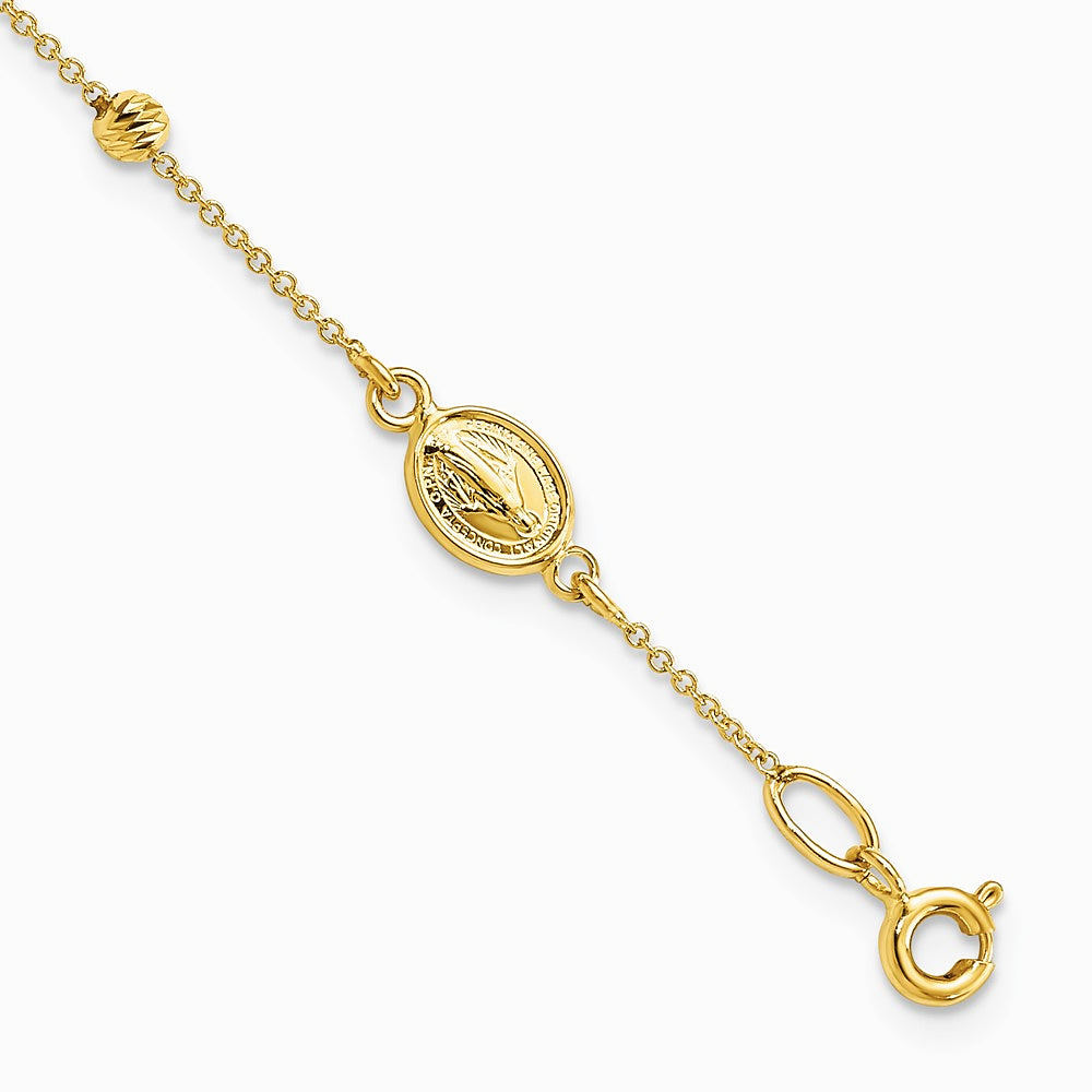 14K Yellow Gold Polished Diamond-Cut Cross and Miraculous Medal .75in ext. Bracelet
