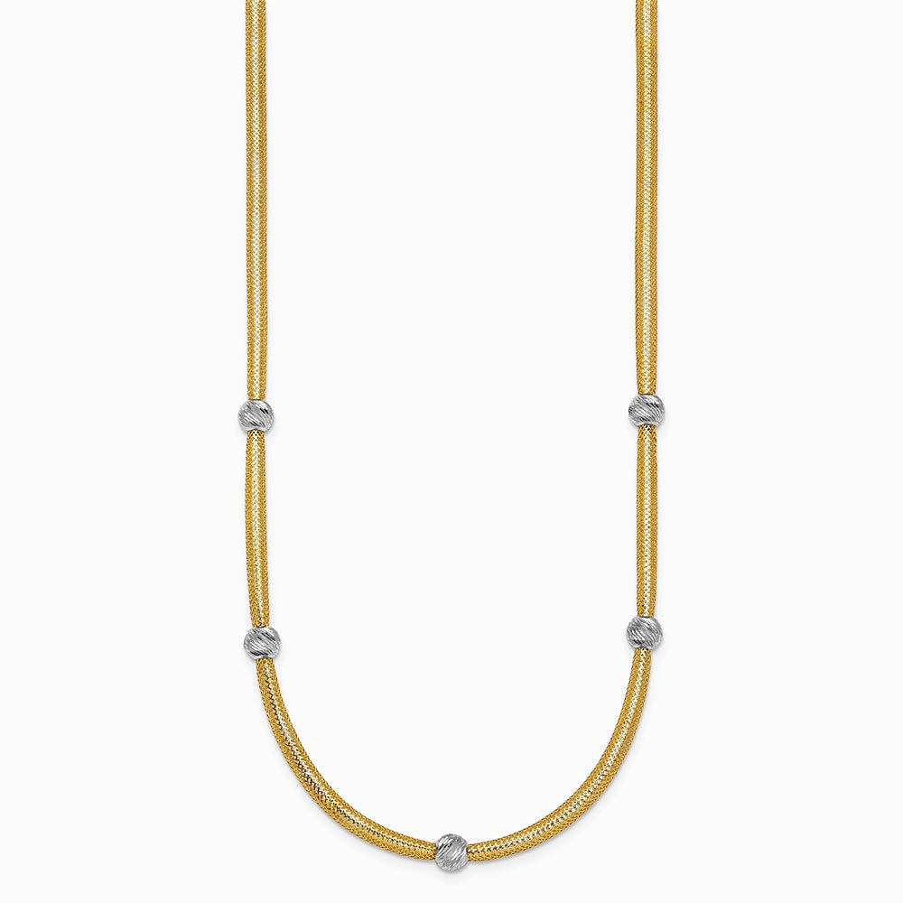 14K Yellow & Rhodium Pol. with Rhodium Diamond-Cut Bead Flexible Mesh Necklace - Product Photo