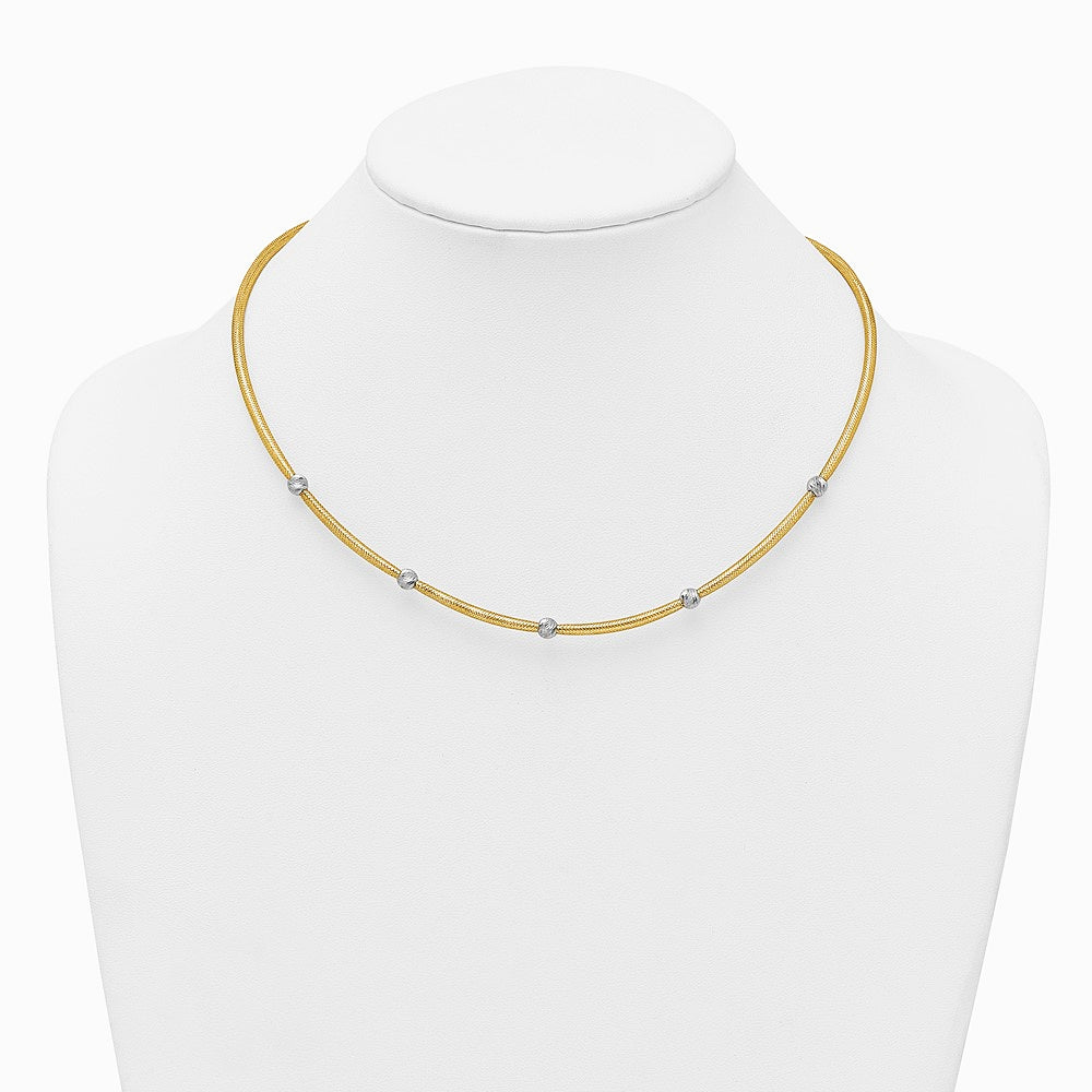 14K Yellow & Rhodium Pol. with Rhodium Diamond-Cut Bead Flexible Mesh Necklace - Product Photo