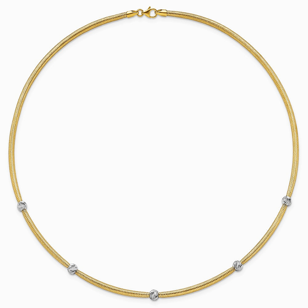 14K Yellow & Rhodium Pol. with Rhodium Diamond-Cut Bead Flexible Mesh Necklace - Product Photo