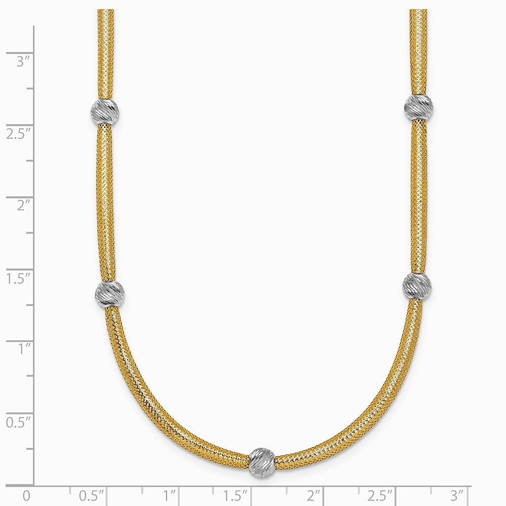 14K Yellow & Rhodium Pol. with Rhodium Diamond-Cut Bead Flexible Mesh Necklace - Product Photo