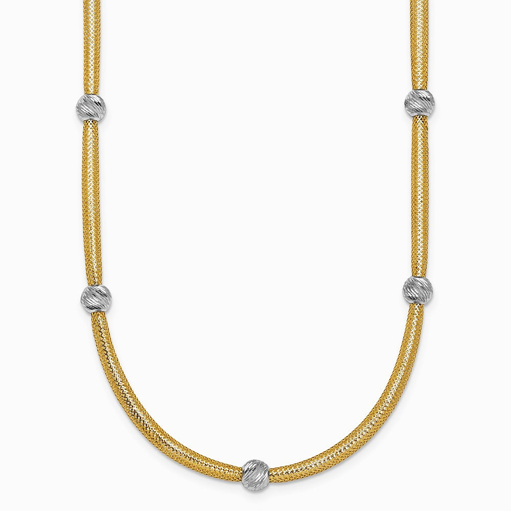 14K Yellow & Rhodium Pol. with Rhodium Diamond-Cut Bead Flexible Mesh Necklace - Product Photo