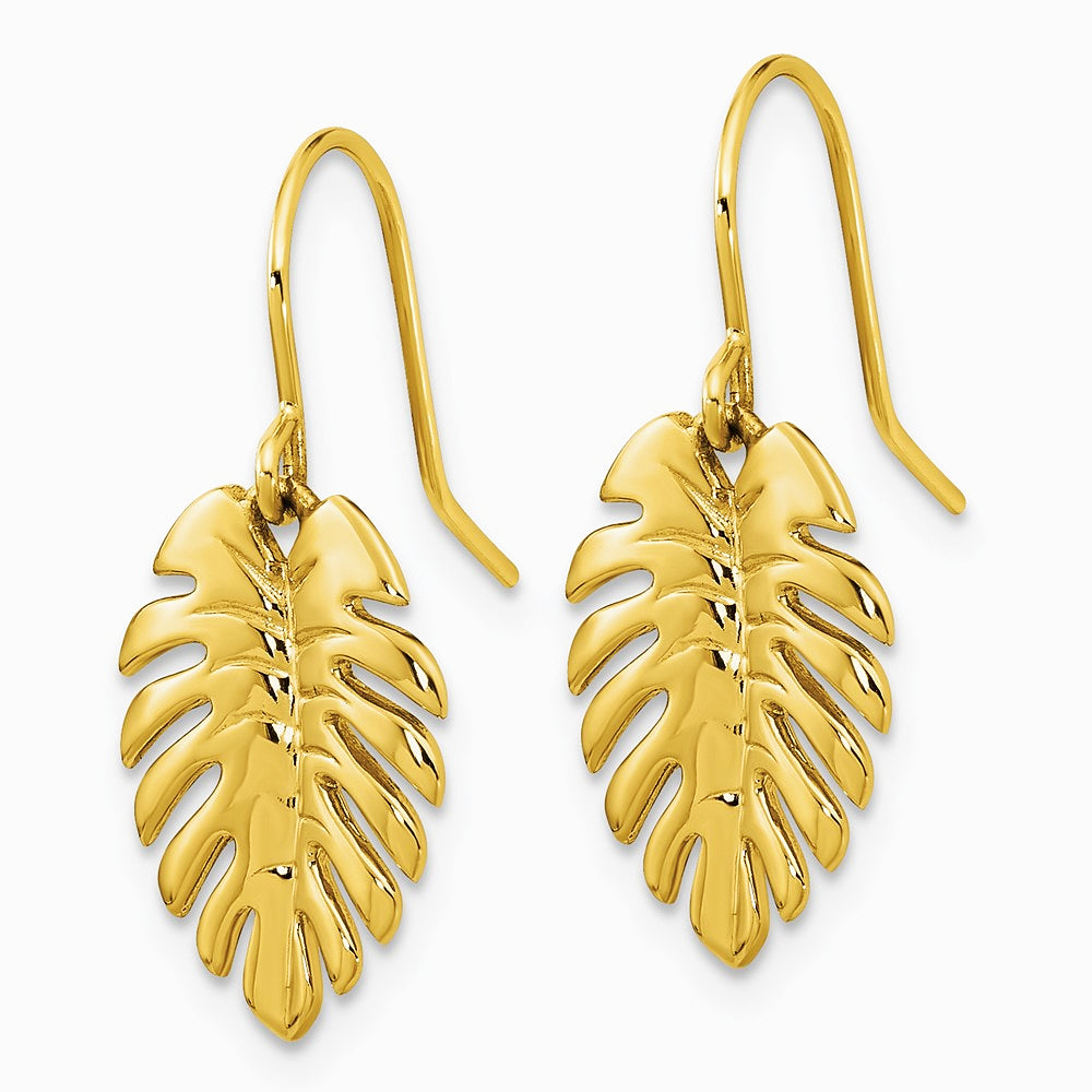 14K Yellow Gold Polished Palm Leaf Dangle Earrings - Product Photo