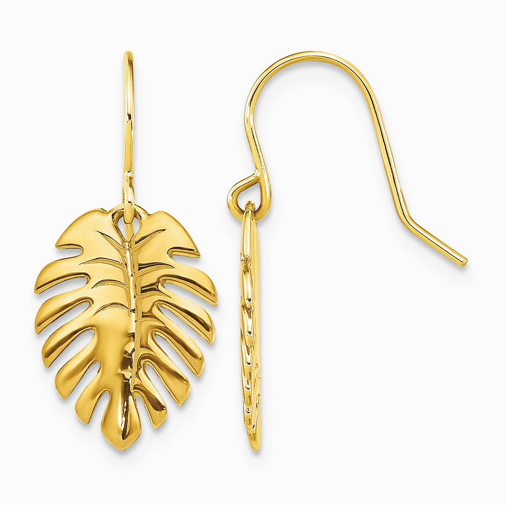 14K Yellow Gold Polished Palm Leaf Dangle Earrings - Product Photo