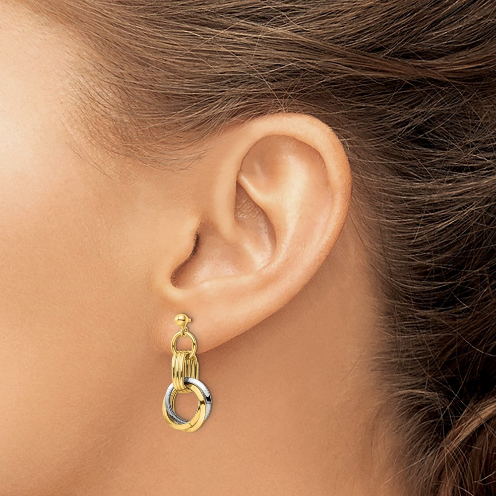 14K Two-tone Polished Intertwined Circles Post Dangle Earrings - Product Photo