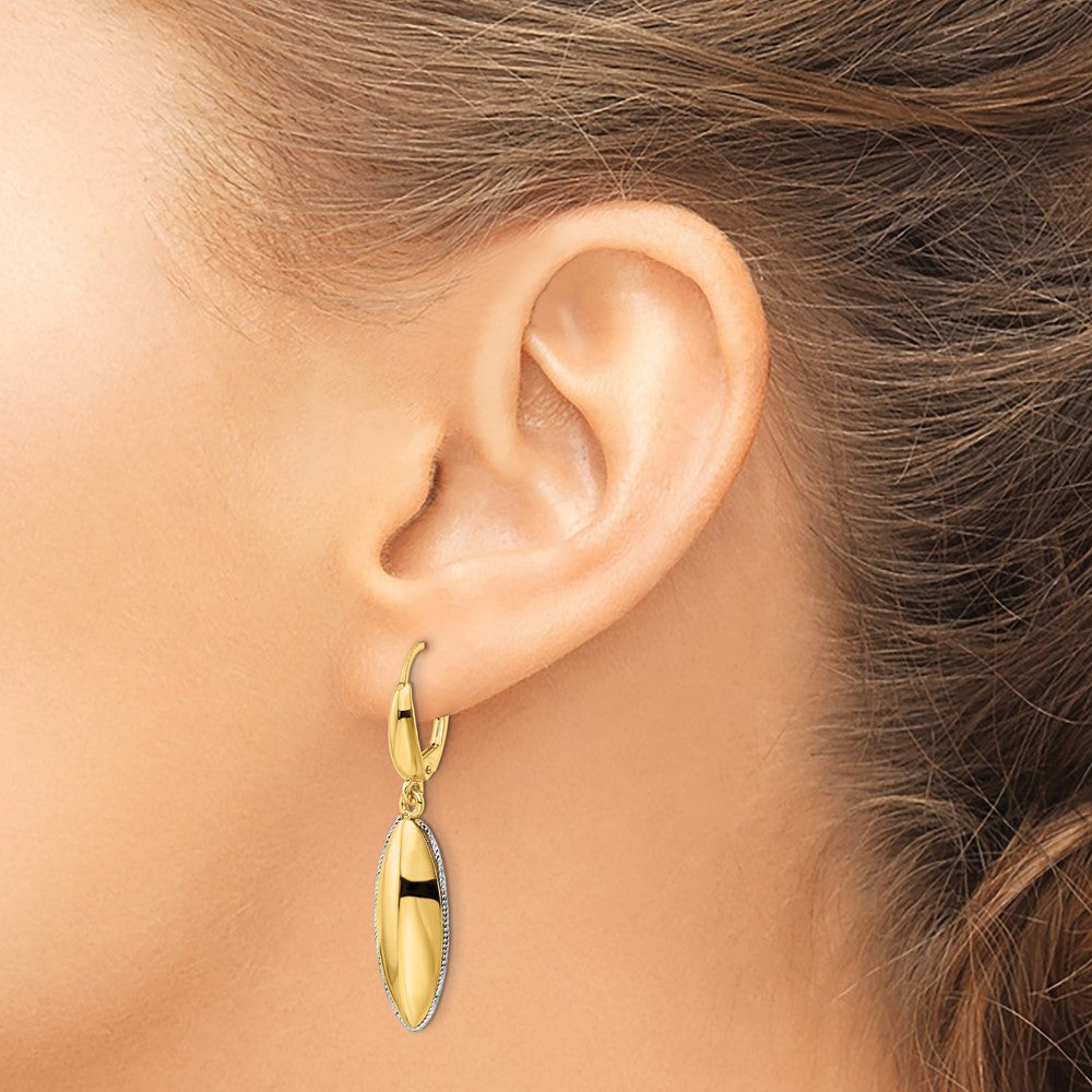 14K Two-tone Polished D/C Hollow Teardrop Criss Cross Leverback Earrings - Product Photo