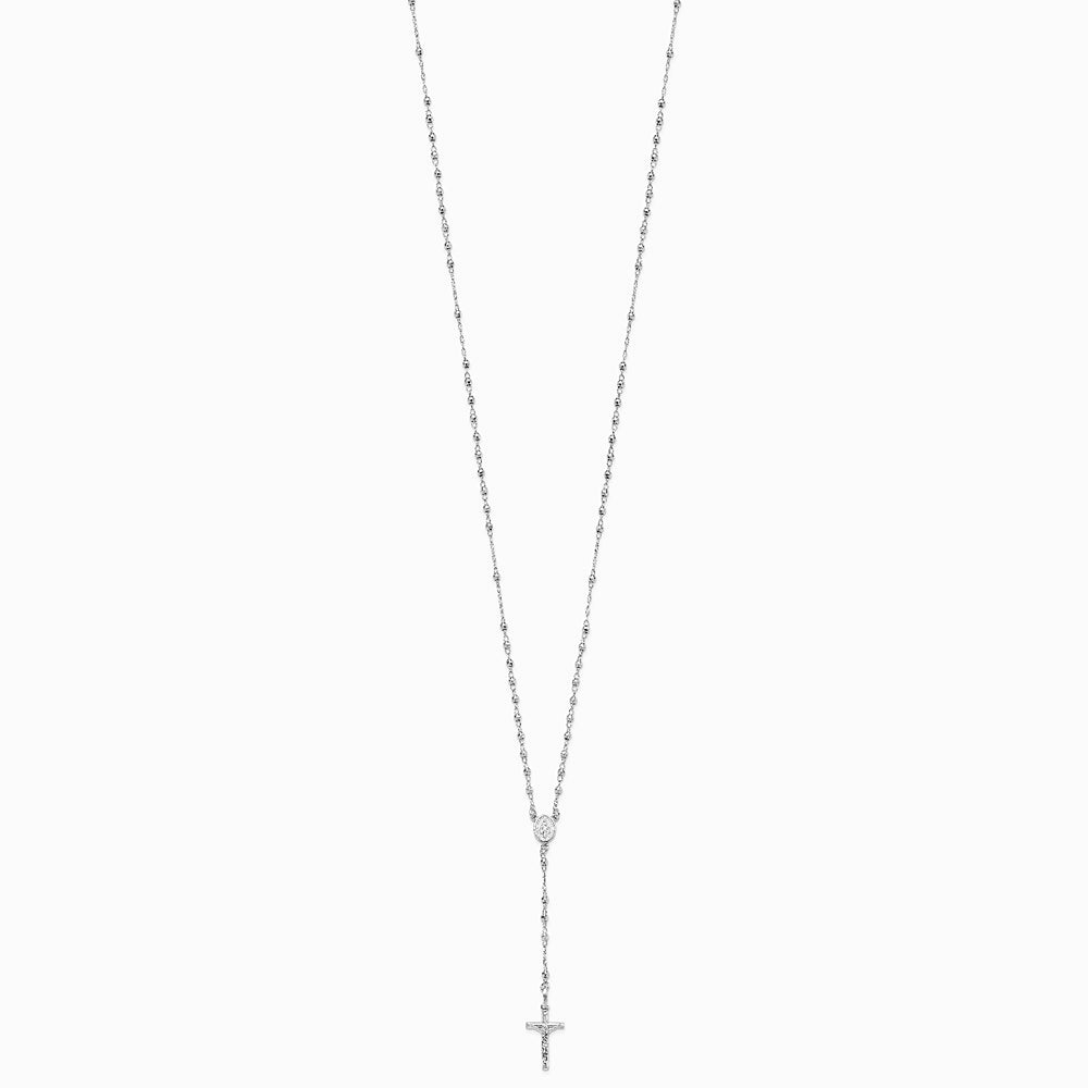 14K White Gold Polished Faceted Beads Rosary 18 inch Necklace - Product Photo