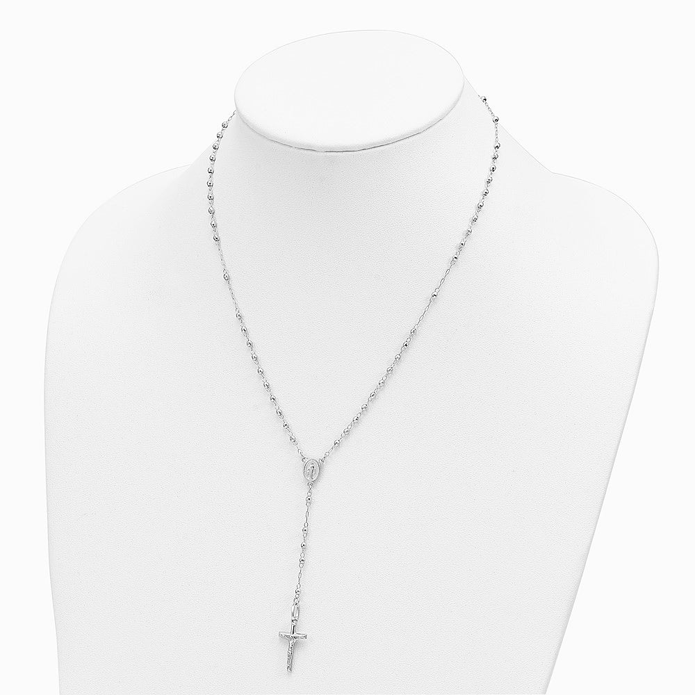 14K White Gold Polished Faceted Beads Rosary 18 inch Necklace - Product Photo