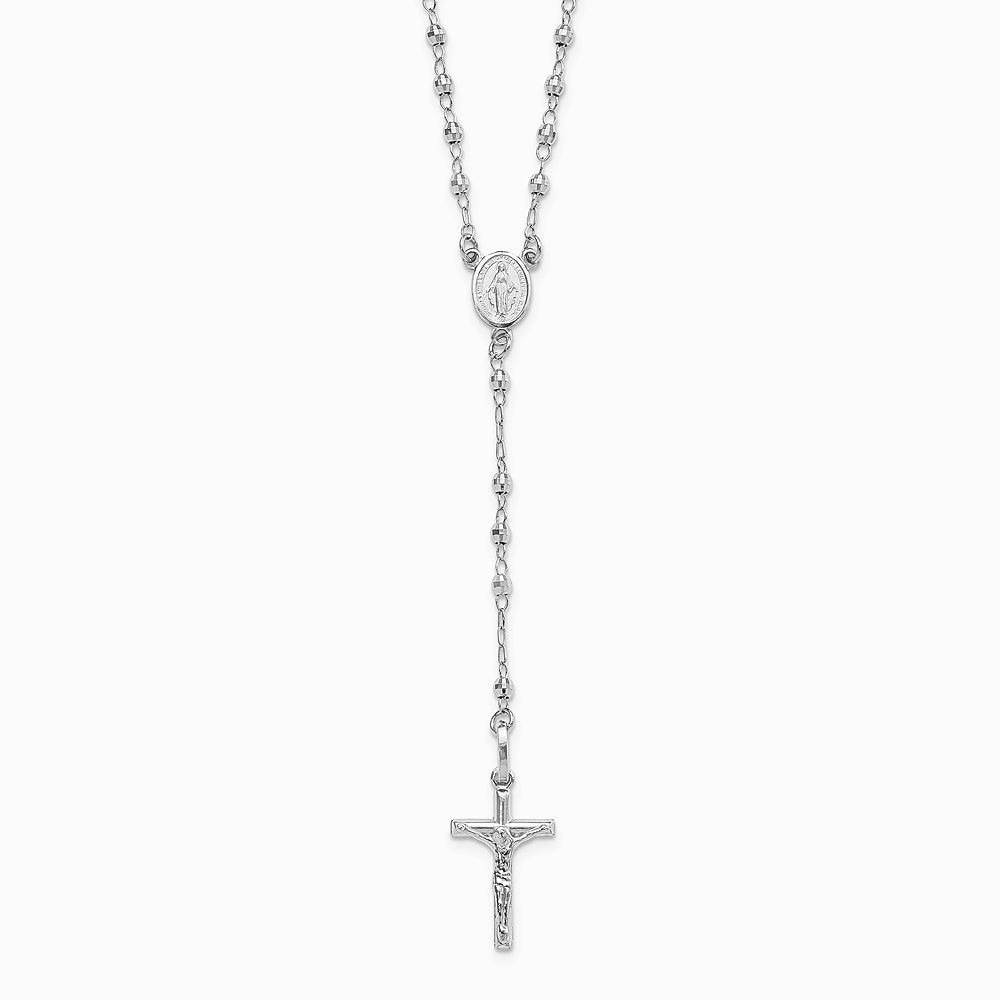 14K White Gold Polished Faceted Beads Rosary 18 inch Necklace - Product Photo