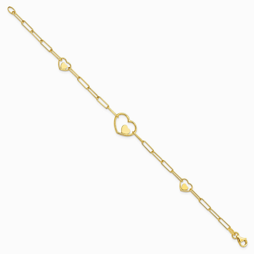 14K Yellow Gold Paperclip Link Heart 7.25in Bracelet - Product Photo