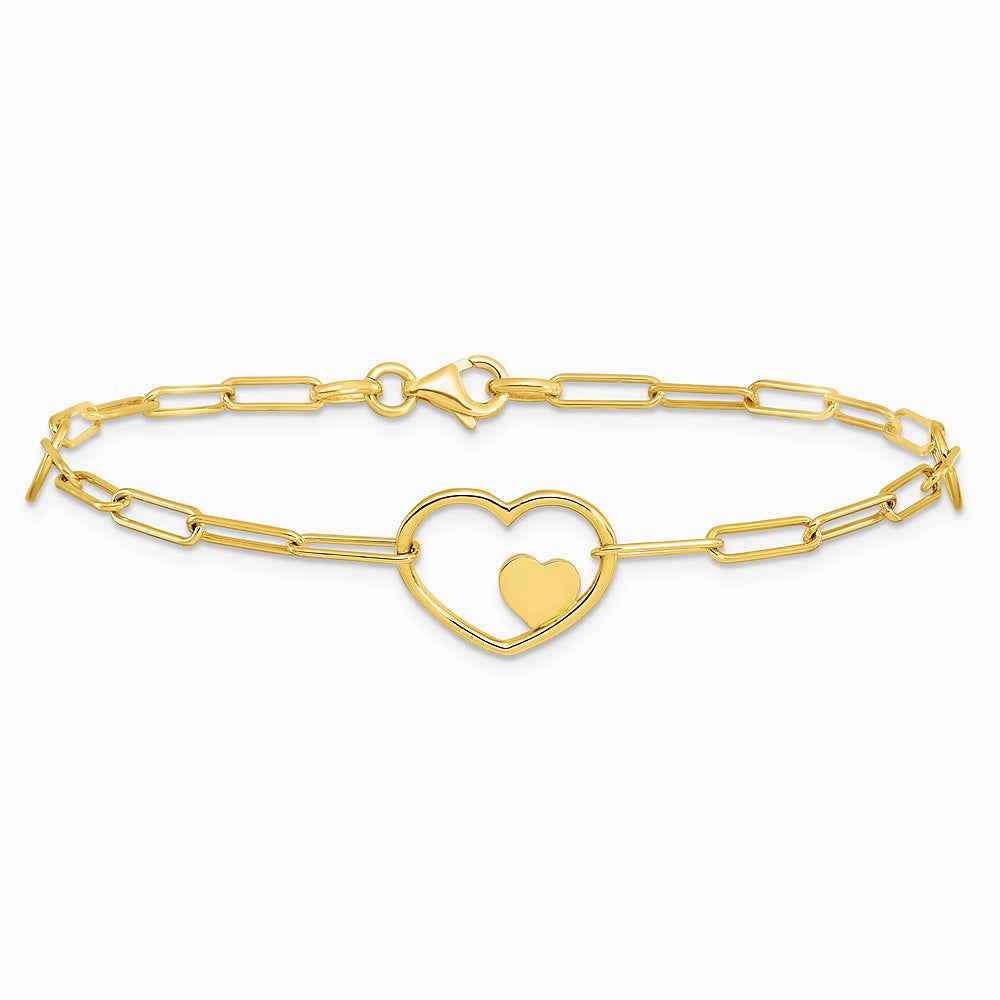 14K Yellow Gold Paperclip Link Heart 7.25in Bracelet - Product Photo