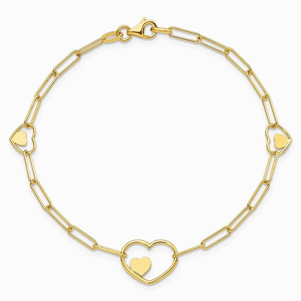 14K Yellow Gold Paperclip Link Heart 7.25in Bracelet - Product Photo