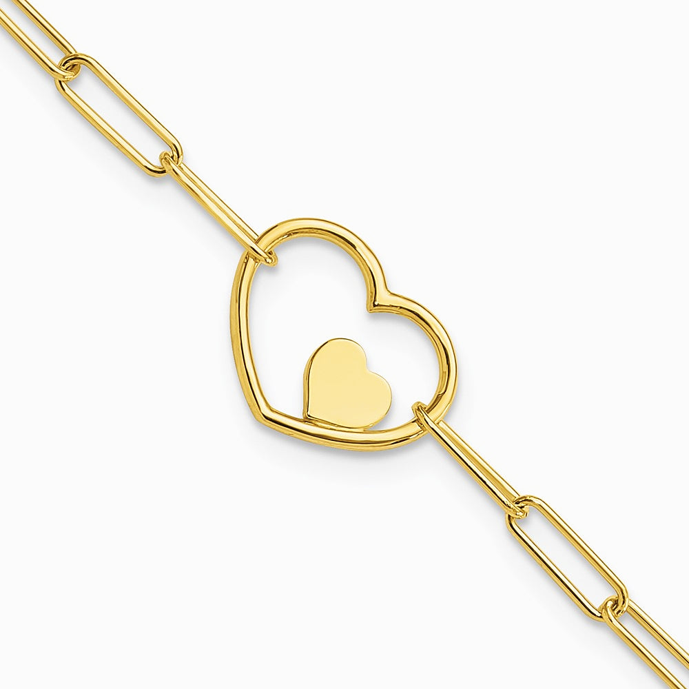 14K Yellow Gold Paperclip Link Heart 7.25in Bracelet - Product Photo