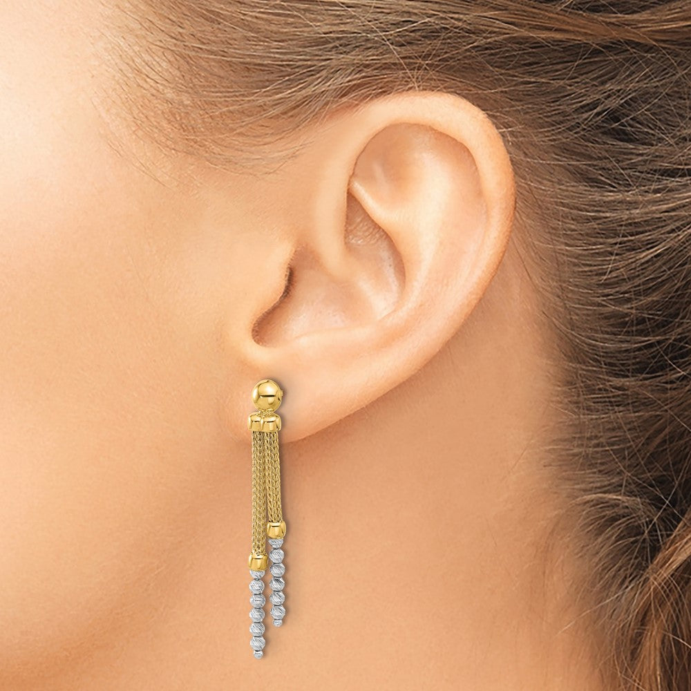 14K Two-tone Polished and Diamond-cut Beaded Dangle Post Earrings - Product Photo