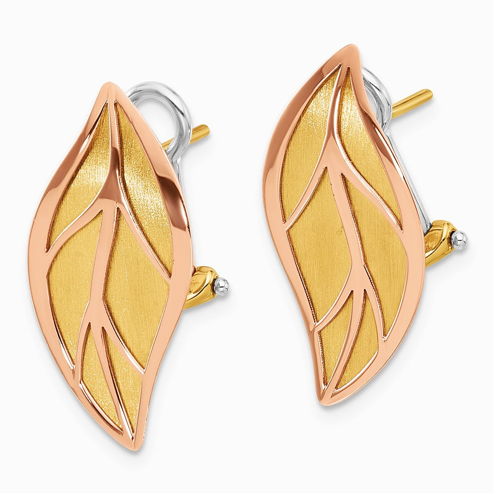 14K Two-tone Rose and Yellow Polished / Brushed Leaf Omega Back Earrings - Product Photo