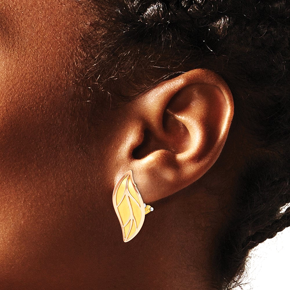 14K Two-tone Rose and Yellow Polished / Brushed Leaf Omega Back Earrings - Product Photo