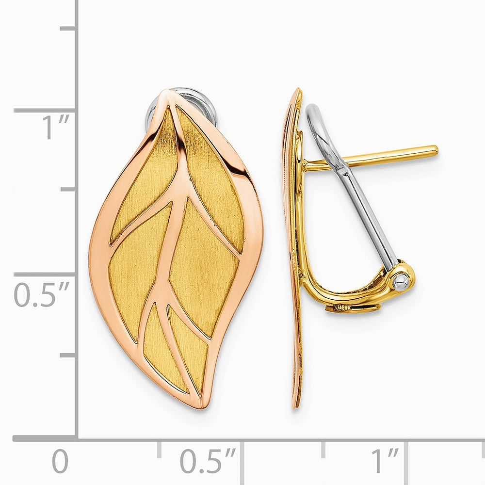 14K Two-tone Rose and Yellow Polished / Brushed Leaf Omega Back Earrings - Product Photo