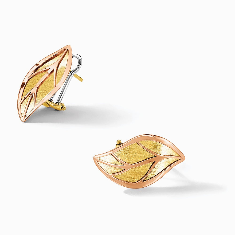 14K Two-tone Rose and Yellow Polished / Brushed Leaf Omega Back Earrings - Product Photo