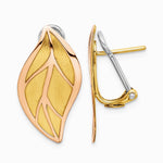 14K Two-tone Rose and Yellow Polished / Brushed Leaf Omega Back Earrings - Product Photo