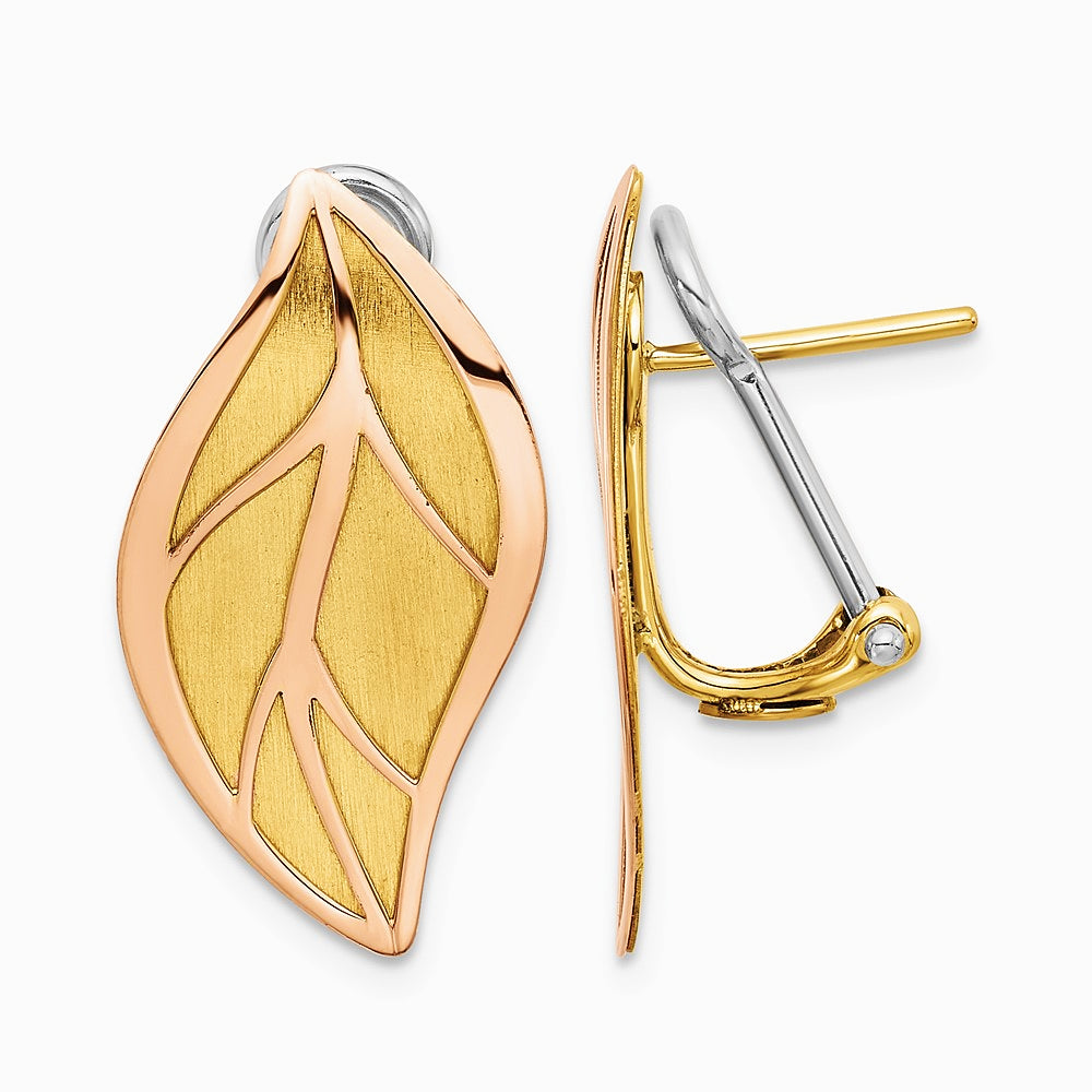 14K Two-tone Rose and Yellow Polished / Brushed Leaf Omega Back Earrings - Product Photo