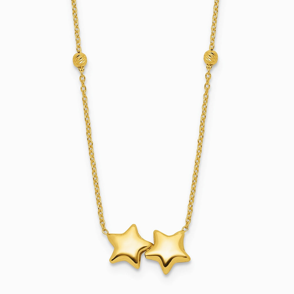 14K Yellow Gold Diamond-Cut Beaded Double Star 16in with 2in ext. Necklace - Product Photo