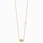 14K Yellow Gold Polished CZ Evil Eye and Cross 18in with 2in ext. Necklace - Product Photo