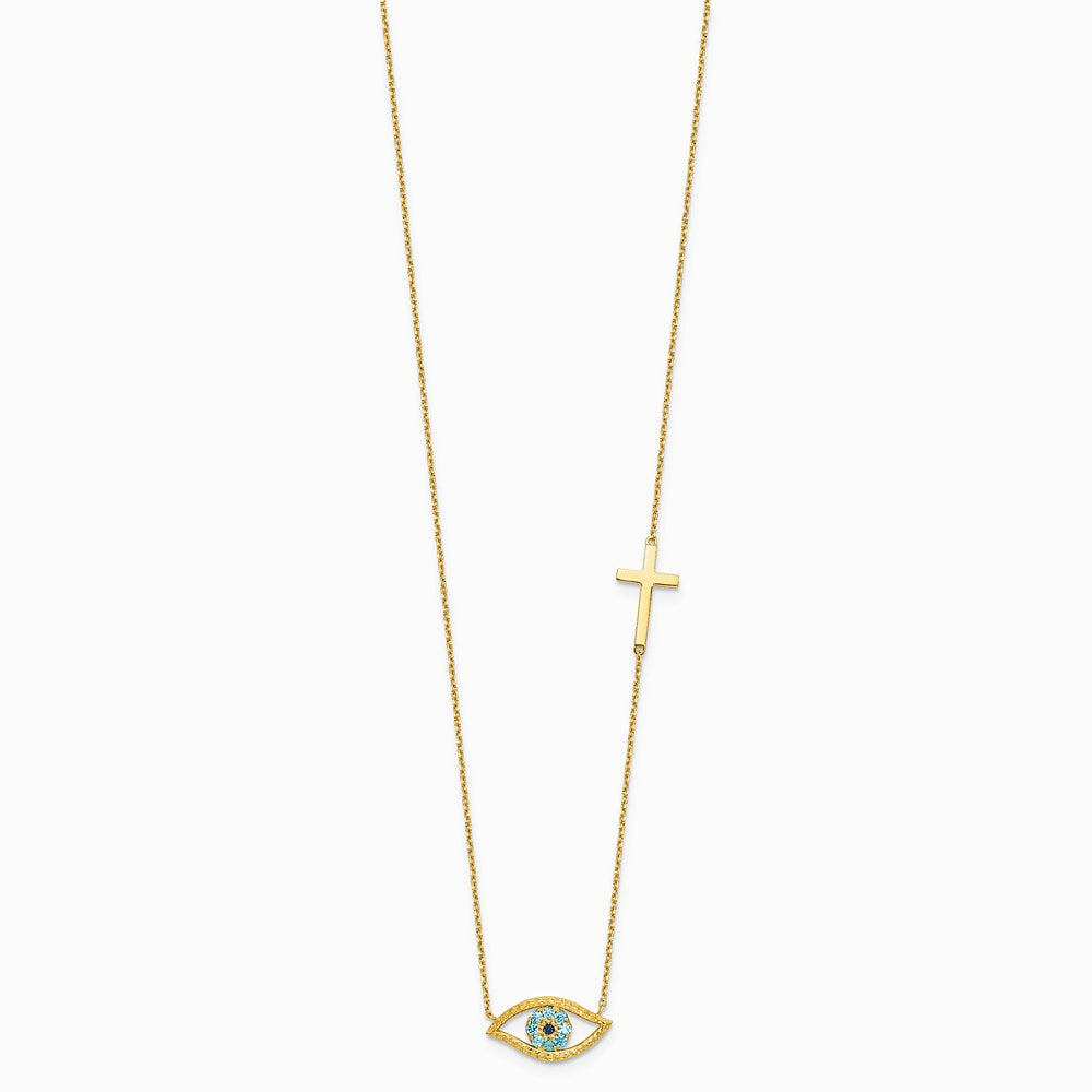 14K Yellow Gold Polished CZ Evil Eye and Cross 18in with 2in ext. Necklace - Product Photo