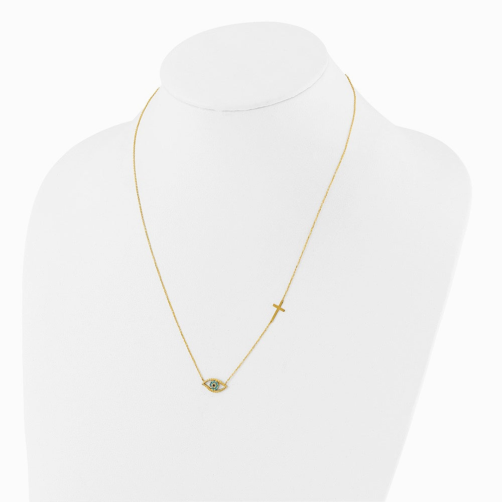 14K Yellow Gold Polished CZ Evil Eye and Cross 18in with 2in ext. Necklace - Product Photo