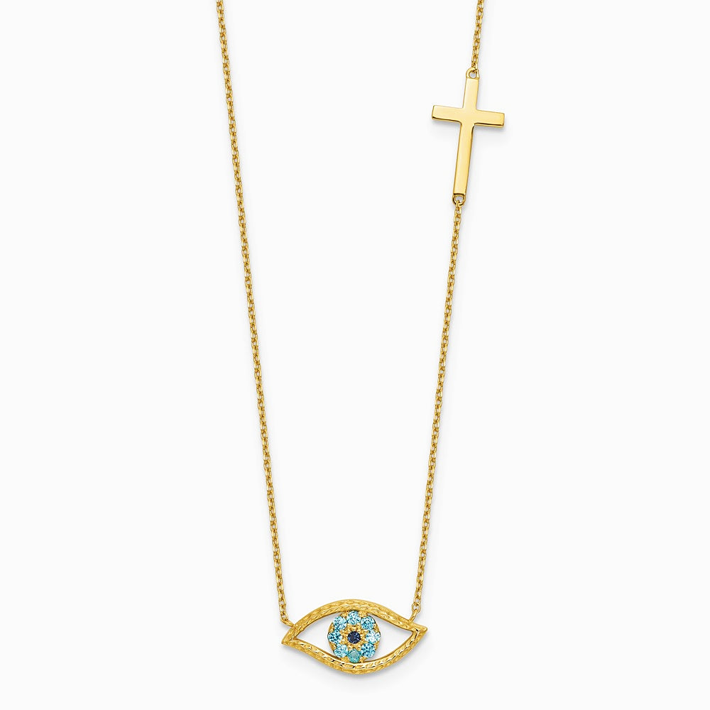 14K Yellow Gold Polished CZ Evil Eye and Cross 18in with 2in ext. Necklace - Product Photo