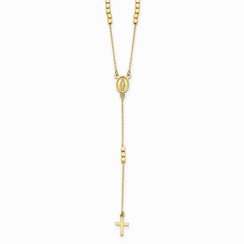 14K Yellow Gold Rosary Design Miraculous Medal Cross Y-Drop Necklace