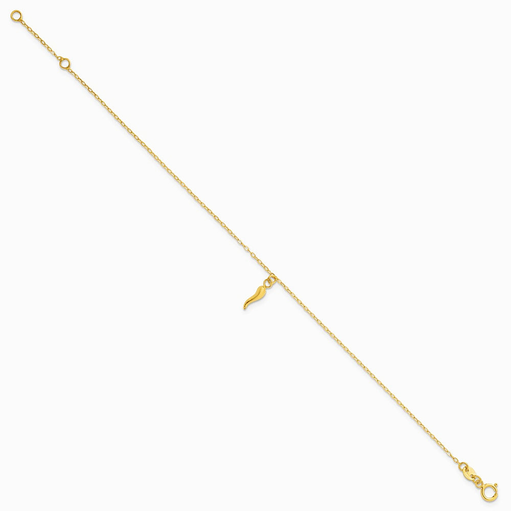 14K Yellow Gold Polished Italian Horn Dangles w/.75in Ext Bracelet - Product Photo