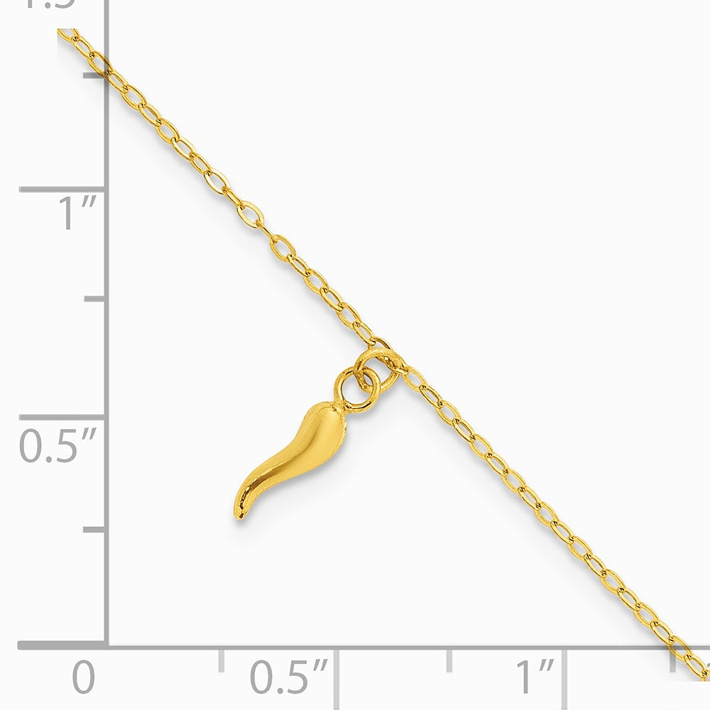 14K Yellow Gold Polished Italian Horn Dangles w/.75in Ext Bracelet - Product Photo