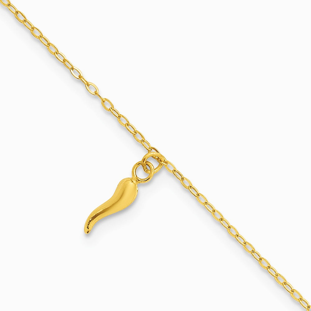14K Yellow Gold Polished Italian Horn Dangles w/.75in Ext Bracelet - Product Photo