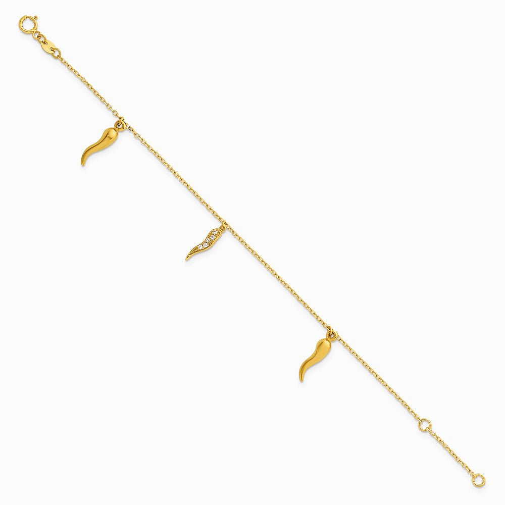14K Yellow Gold Polished CZ Italian Horns w/.75in Ext Bracelet - Product Photo
