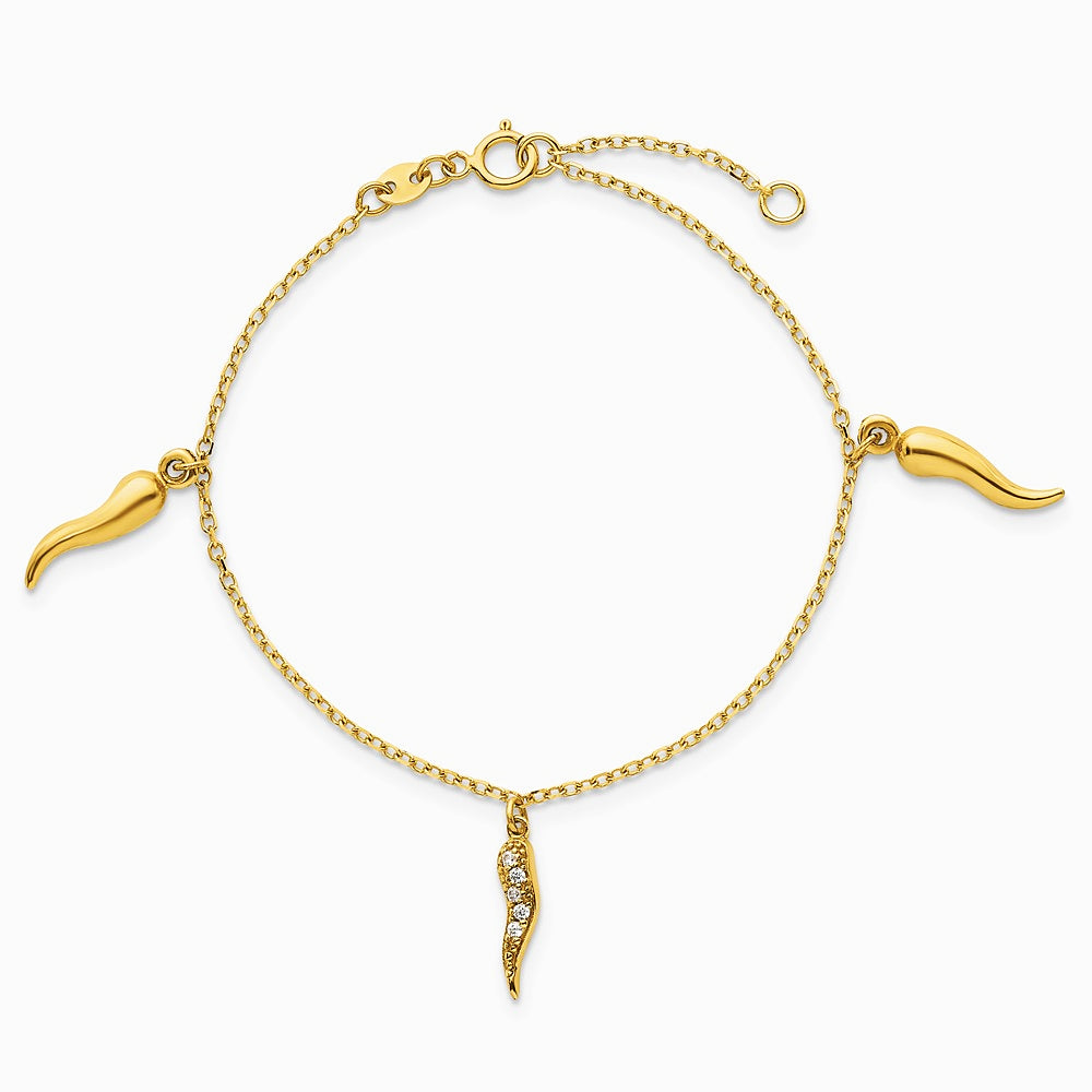 14K Yellow Gold Polished CZ Italian Horns w/.75in Ext Bracelet - Product Photo