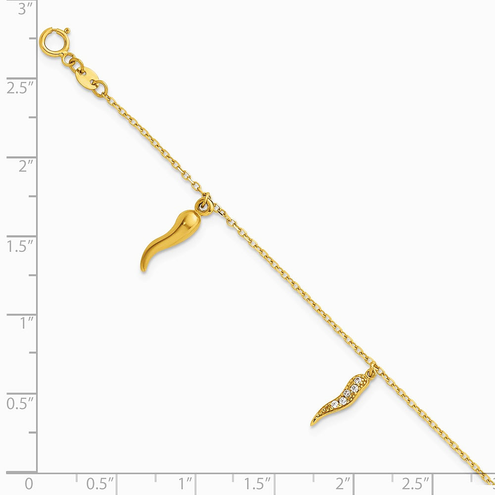 14K Yellow Gold Polished CZ Italian Horns w/.75in Ext Bracelet - Product Photo