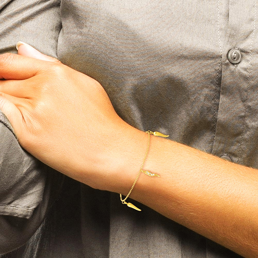 14K Yellow Gold Polished CZ Italian Horns w/.75in Ext Bracelet - Product Photo