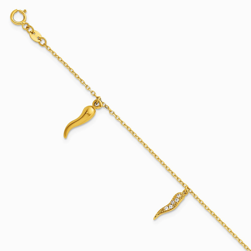 14K Yellow Gold Polished CZ Italian Horns w/.75in Ext Bracelet - Product Photo