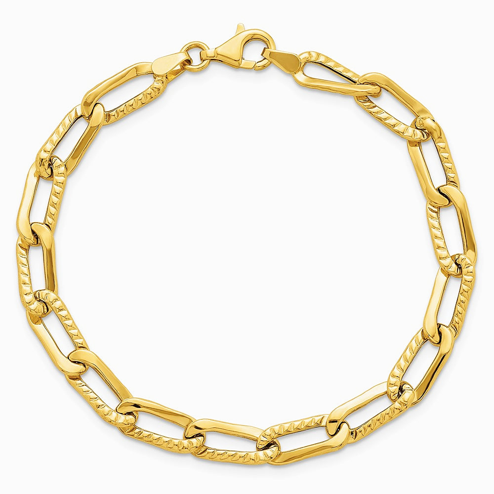 14K Yellow Gold Polished and Textured Fancy Link 7.5in Bracelet - Product Photo