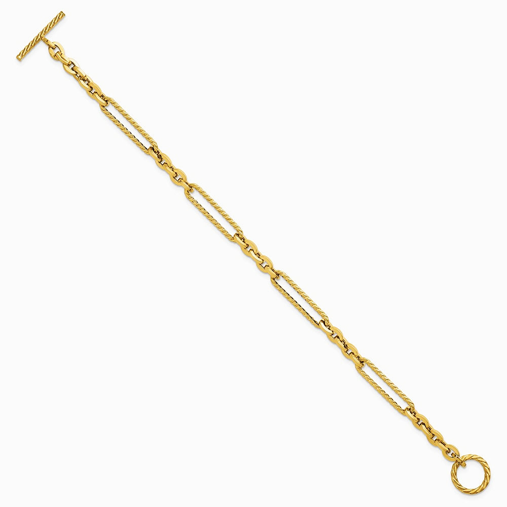 14K Yellow Gold Polished and Textured 7.5in Fancy Link Toggle Bracelet - Product Photo
